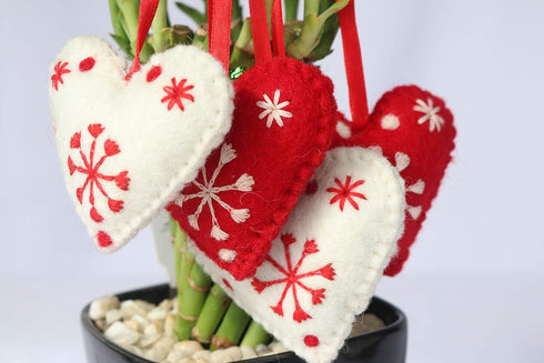 Hearts Christmas Ornaments Set of 4, 100% Pure New Zealand Wool Handmade Eco-Friendly Decor