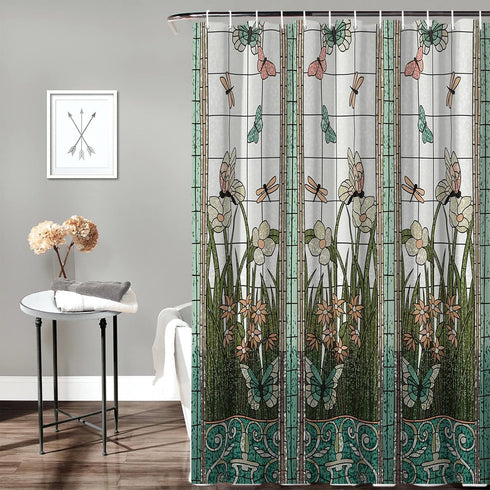 Extra Long Flower Dragonfly Waterproof Bathroom Fabric Shower Curtain 84 inch Bath Curtain