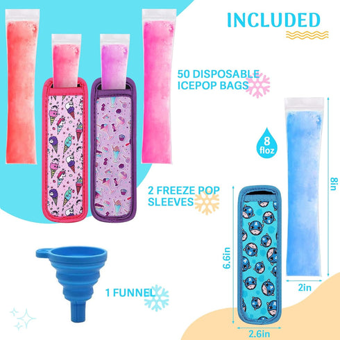 Set 50 2 Freezer Pop Bags Including Disposable Ice Popsicles Molds Popsicle Holders for Kids, Popsicle Bags With Zip