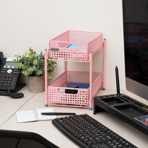 Mind Reader 2 Tier Accessory Organizer, Metal Mesh Supply Storage for Office, Kitchen, Makeup Crafts, Pink, 8" L x