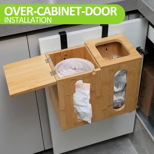 2 1 Trash Bag Dispenser & Grocery Bag Organizer, in Bamboo Garbage Bags Storage Box for Cabinet Door, Under Sink