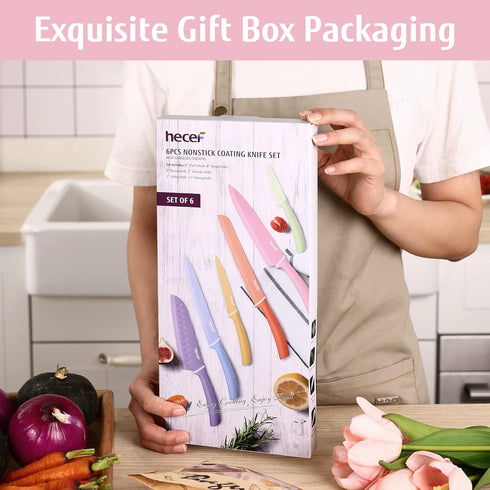 hecef 6 Pieces Colorful Kitchen Knife Set with Covers, Stainless Steel Non-Stick Cooking Knives Including Paring,