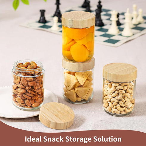 16 Oz 4 Pack DRKIO Overnight Oats Containers with Bamboo Lids - Glass Storage Jars with Airtight Lids Wide Mouth Mason