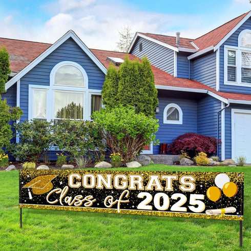 2025 Graduation Decorations - Gold Class of 2025 Banner and Yard Signs for Graduate Party Supplies