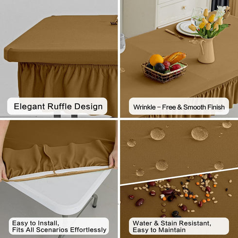 6ft Coffee Stretch Tablecloth for Rectangular Tables - Flared Wrap Design, Waterproof, Wrinkle-Resistant, Washable