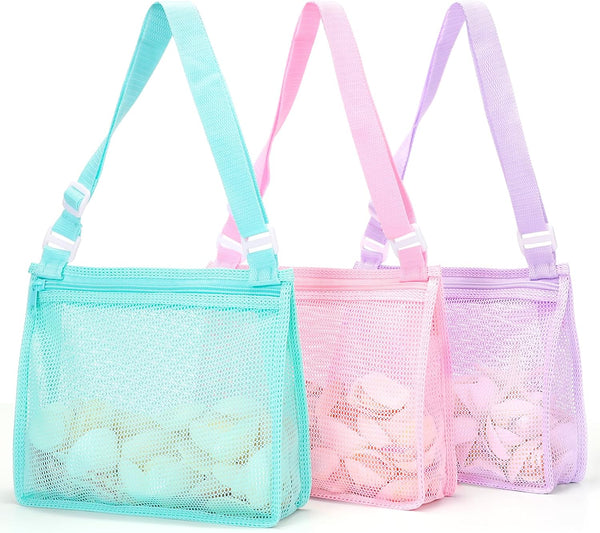 Tagitary Beach Toy Mesh Beach Bag, Sand Toy Seashell Bag with Zipper for Kids, Set of 3