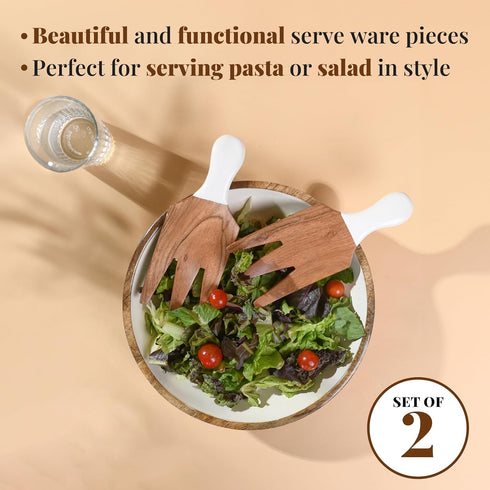 Folkulture Salad Hands or Set of 2 Acacia Wood Salad Servers, Salad Tongs Set, Salad Claws, Salad Fingers for Serving Salad Mixes, Pasta, Fruit 3.25 X 8.25 Inch (White) by Folkulture