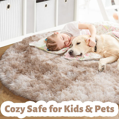 5Ft Amdrebio Tie-Dyed Beige Tan Round Circle Area Rug for Bedroom, Fluffy Plush Shag Furry Rugs for Kids Room, Living