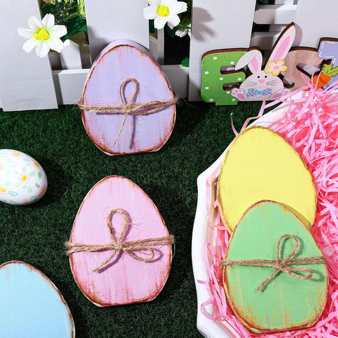 5Pcs Whaline Retro Easter Egg Wooden Signs Colorful Egg Shape Rustic Farmhouse Tiered Tray Decor with Hemp Rope Spring