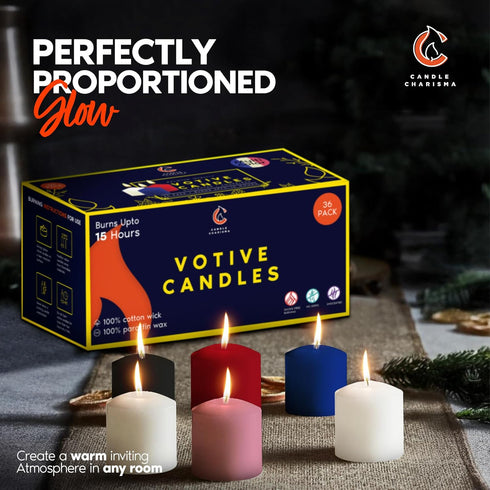 Candle Charisma Multicolor Unscented Votive Candles, Set of 72, 10 Hour Burn Time