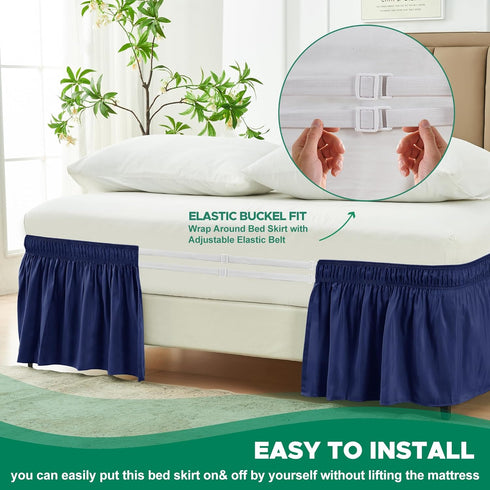Biscaynebay Wrap Around Bed Skirts for Queen Beds, 15" Drop, Navy Adjustable Elastic Dust Ruffles, Machine Washable