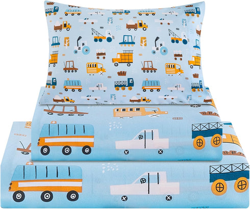 Viviland 3 Pieces Boys Blue Truck Twin Sheet Set - Soft Microfiber