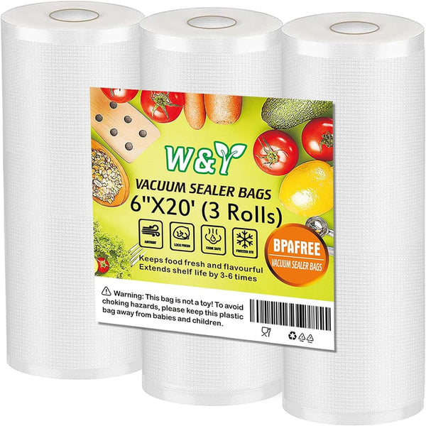 Vacuum Sealer Bags - 6" x 20' (3 Rolls), Reusable & Sous Vide, BPA-Free Food Saver Vacuum Sealer Bags