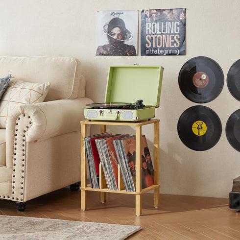 2-Tier 100 Albums, LELELINKY Bamboo Record Player Stand with Vinyl Record Storage up to Boho Bedroom Record Holder