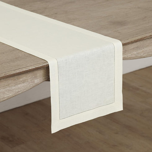 Solino Home Ivory Linen Table Runner - 108 Inches Long - 100% Pure Linen Classic Hemstitch - Machine Washable