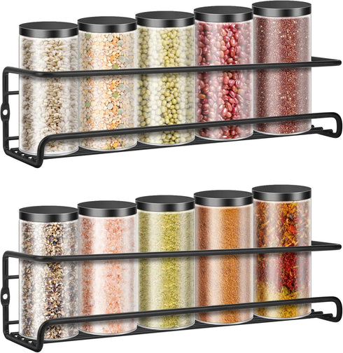Wall Mounted Spice Rack, Hanging Spice Organizers for Kitchen Condiments Storage, Space Saving (2pcs, Black)