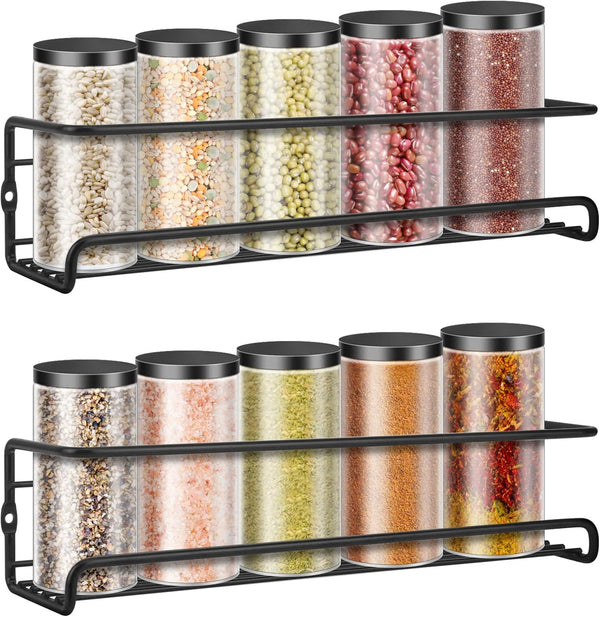Wall Mounted Spice Rack, Hanging Spice Organizers for Kitchen Condiments Storage, Space Saving (2pcs, Black)