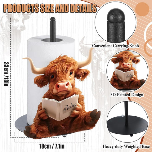 MorningRo Countertop 3D Highland Cow Paper Towel Holder Kitchen Decor and Accessories Black Metal Farmhouse Large