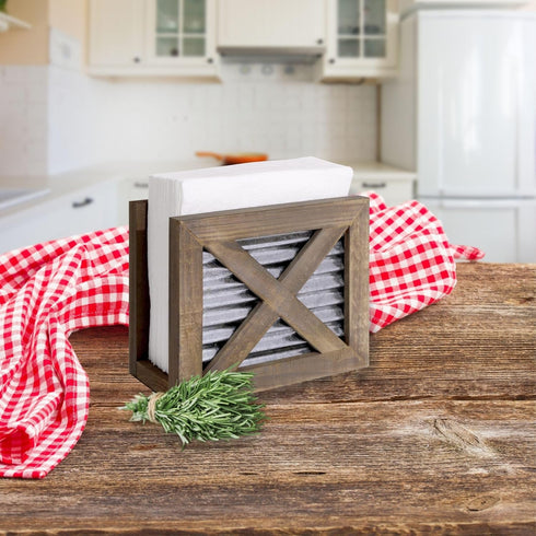Autumn Alley Wooden Napkin Holder - Classic Barn Door Design with Galvanized Metal - Rustic Farmhouse Kitchen Décor