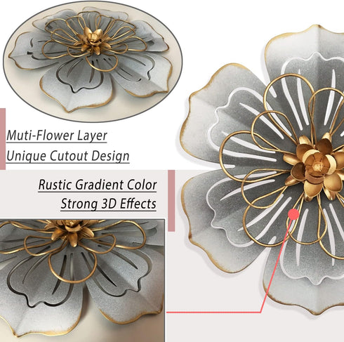 Metal Flower Wall Art Decor, 8.3" Rustic Modern Floral Sculpture for Indoor Kitchen Bedroom Living Room Outdoor