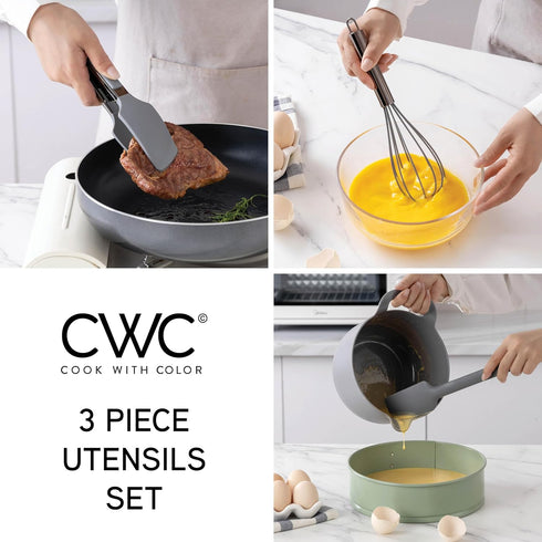 COOK WITH COLOR Silicone Cooking Utensils - 3 Pc Kitchen Utensil Set for Nonstick Cookware, Easy to Clean