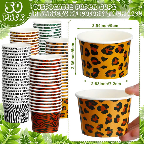 9 oz (50 Paper Ice Cream Cups Disposable Dessert Bowls Jungle Animal Theme Ice Cream Bowls Zoo Animal Print Snack Cups