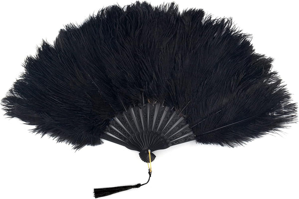 BABEYOND Vintage Style Folding Handheld Ostrich Feather Fan, 1920s Flapper Accessories in Black