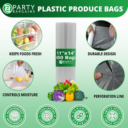 PARTY BARGAINS 11" x 14" Plastic Produce Bags on a Roll - 900 Clear Grocery and Bread Bags, Convenient Pack
