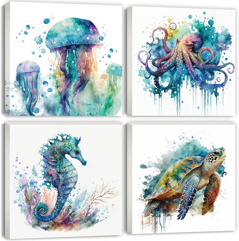 Sea Turtle Bathroom Decor Ocean Animals Canvas Wall Art Nautical Theme Teal