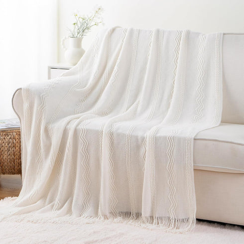BATTILO HOME Boho Cream Throw Blanket for Couch, Decorative White Blanket Throw for Sofa Living Room, 50"x60"