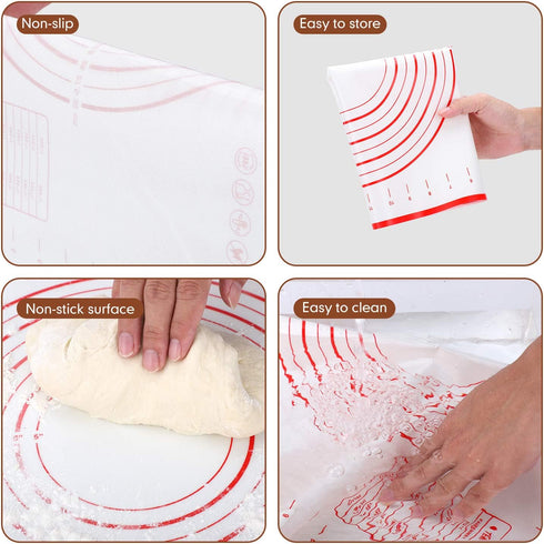 QUELLANCE Wood French Rolling Pin for Baking, Wooden Dough Roller with Silicone Baking Mat, Beech Wood, Red Pastry Mat