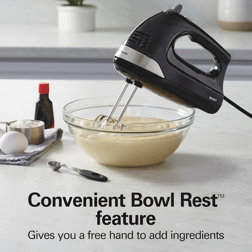 Hamilton Beach 6-Speed Electric Hand Mixer, 275 Watts with Whisk, Dough Hooks, Easy Clean Beaters, Black