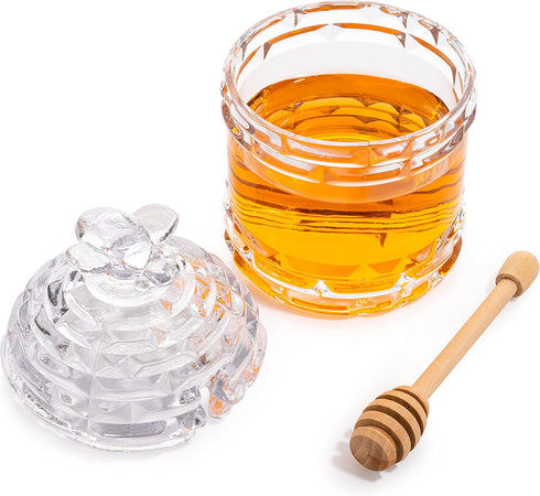 14oz Crystal Bee Honey Dish Jar with Dipper and Lid Elegant Glass Beehive Honey Pot for Rosh Hashanah, Holidays