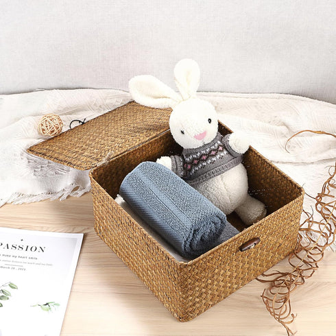 Hipiwe Handwoven Seagrass Basket Bin Square Household Storage Container with Lid Wicker Shelf Basket Bin for Bookshelf
