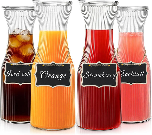 INSETLAN 1 Liter Ribbed Glass Carafe with Lid, Set of 4- Juice