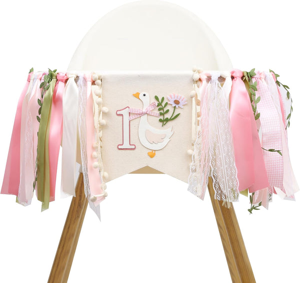 MADENG Floral Goose High Chair Banner - Girls First Birthday Decorations,Pink Goose 1st