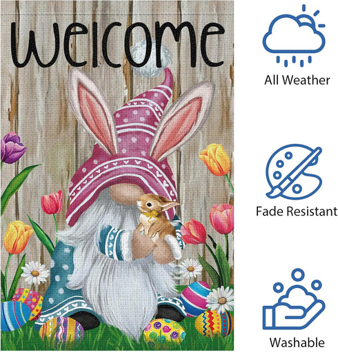 Welcome Easter Gnome Garden Flag 12x18 Double Sided Burlap, Funny Bunny Floral Small Yard Flag for Easter Holiday