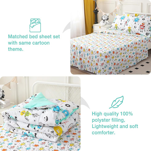 Sets 8 Set Set Mooreeke Full Size Comforter for Boys Kids, Pieces Bed in a Bag White Robot Bedding Comforter Sheet