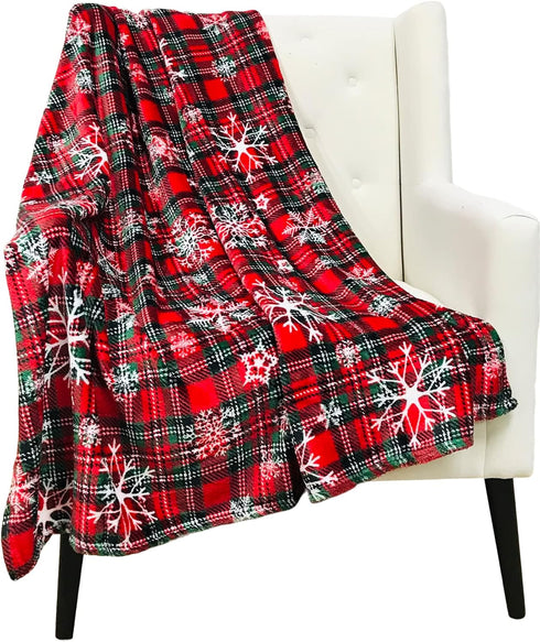 Christmas Holiday Plaid Throw Blanket with Snowflakes: Soft Cozy Accent for Sofa