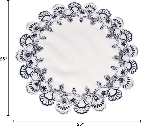 White Navy Blue Jacquard Peacock Tail Lace Doily - 23 inch Round Placemat & Table Centerpiece