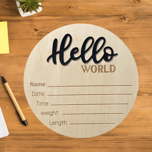 LZEDIRA 5.9 Inch Baby Announcement Sign, Wooden Hello World Newborn Sign Birth Announcement Signs, Hello World Nursery