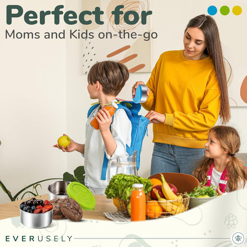 Everusely Stainless Steel Snack Containers for Kids, Lunch Containers with Lids, Metal Lunch Box, Stainless Steel