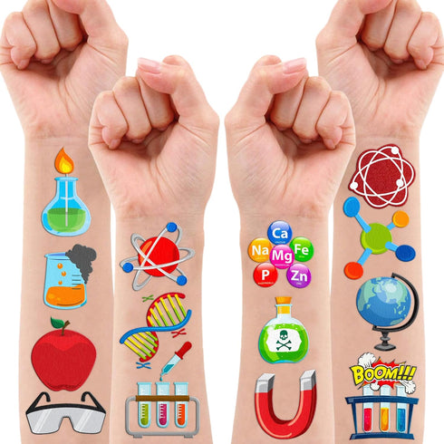 96PCS Funny Science Temporary Tattoos Theme Mad Scientist Laboratory Birthday Party Decorations Favors Supplies Decor Math Chemistry Experiment Tattoo Stickers Gifts For Kids Boys Girls School Prizes