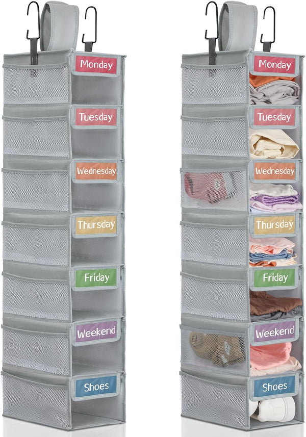 Yeyeplum 2 Pack 7 Shelf Weekly Clothes Organizer Hanging Closet for Kids with