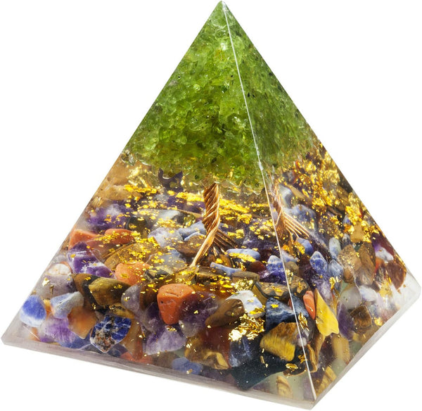 TUMBEELLUWA 2.36in 7 Chakra Crystal Tree of Life Orgonite Pyramid Generator, Handmade Energy Stones Decor