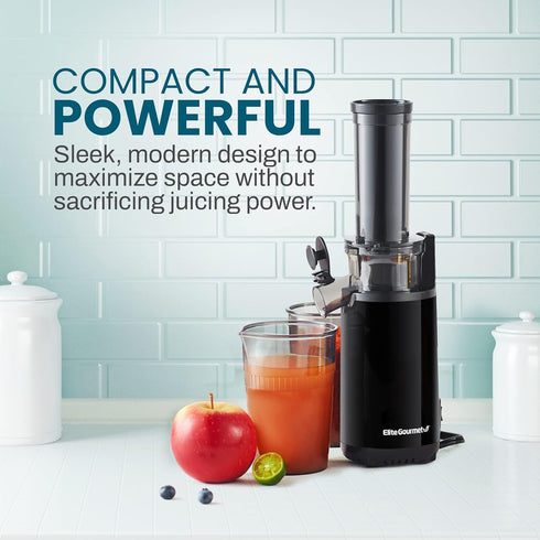 Elite Gourmet Masticating Juicer Machines - 12-inch Cold Press Juicer for Vegetables and Fruits, Easy to Clean