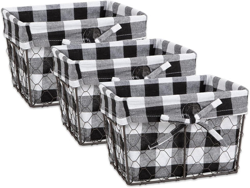 DII Farmhouse Chicken Wire Storage Baskets with Liner – Small, Vintage Black & White Check, 9x7x6", 3 Piece
