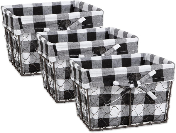 DII Farmhouse Chicken Wire Storage Baskets with Liner – Small, Vintage Black & White Check, 9x7x6", 3 Piece