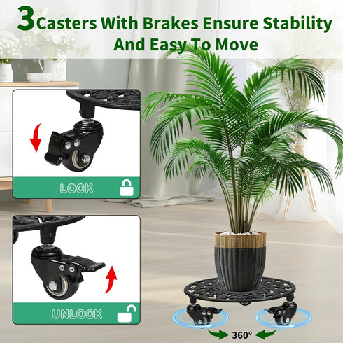 GARGENTOL 1 Pack 11 Inch Rolling Plant Stand with Wheels, Heavy Duty Metal Plant Caddy Wrought Iron Plant Dolly Outdoor