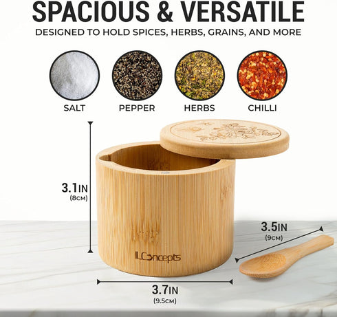 ILConcepts Countertop, 8 Oz Bamboo Salt Cellar Storage Box, Bowl with Magnetic Swivel Lid and Spoon, Wooden Container